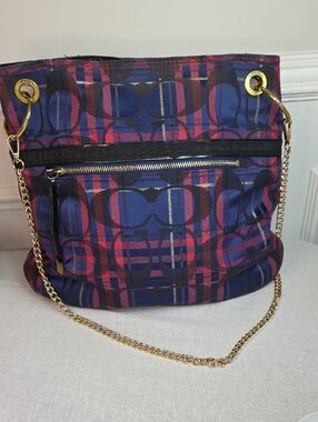 Coach Poppy Tartan Signature Navy/Pink Chain Slim Tote Bag